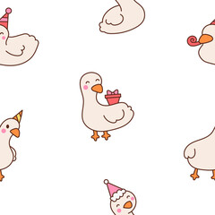 Cute kawaii goose. Seamless pattern. Cartoon funny duck characters. Hand drawn style. Vector drawing. Design ornaments.