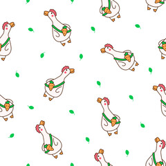 Funny farm duck characters. Seamless pattern. Cute cartoon kawaii goose. Hand drawn style. Vector drawing. Design ornaments.
