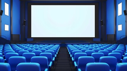Fototapeta premium Movie cinema hall interior with rows of blue seats and white blank mockup screen. 