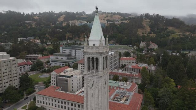 flying clockwise around Campanile tower on UC Berkeley campus