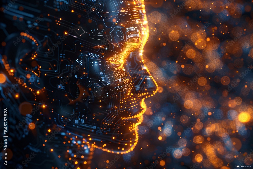 Poster magazine style illustration of a machine learning process featuring artificial intelligence, deep da