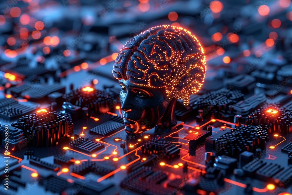 Poster magazine style illustration of a machine learning process featuring artificial intelligence, deep da