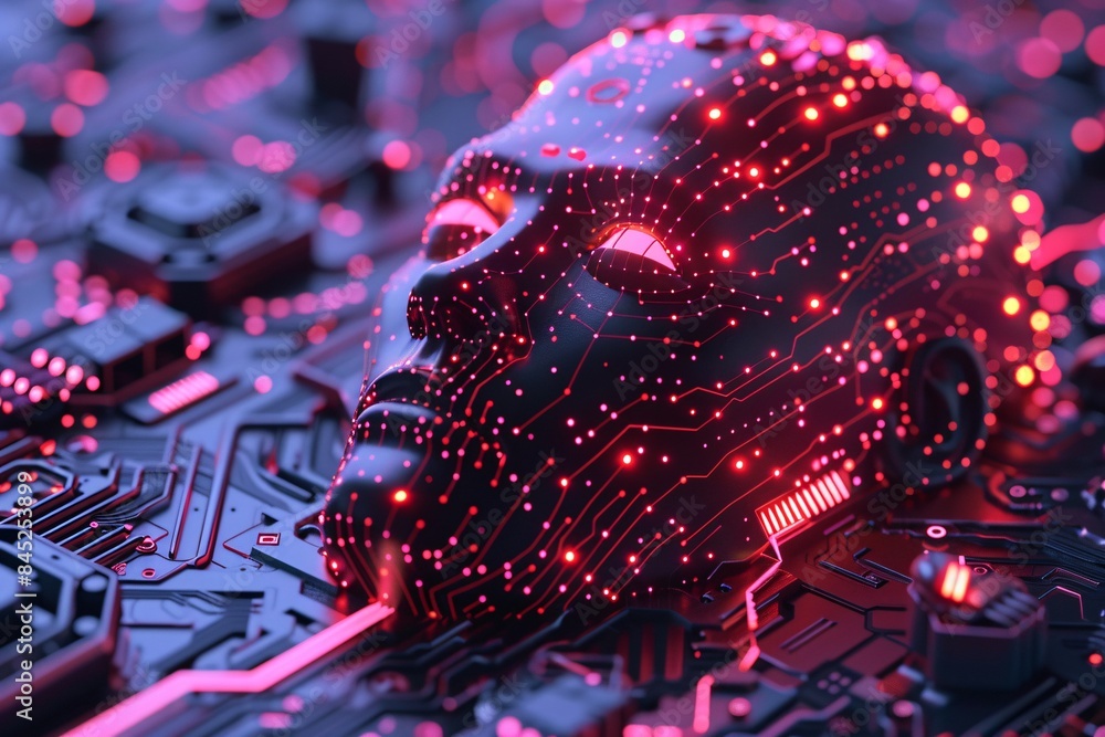 Poster magazine style illustration of a machine learning process featuring artificial intelligence, deep da