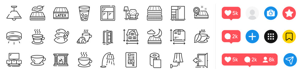 Mattress guarantee, Box size and Tv stand line icons pack. Social media icons. Open door, Espresso, Pillow web icon. Armchair, Latex mattress, Stand lamp pictogram. Vector