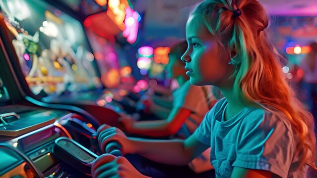Little Children Have Fun with a Motorbike Riding Game at the Neon Lights Arcade.