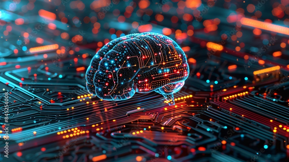 Poster editorial style illustration of a machine learning process featuring artificial intelligence, deep d