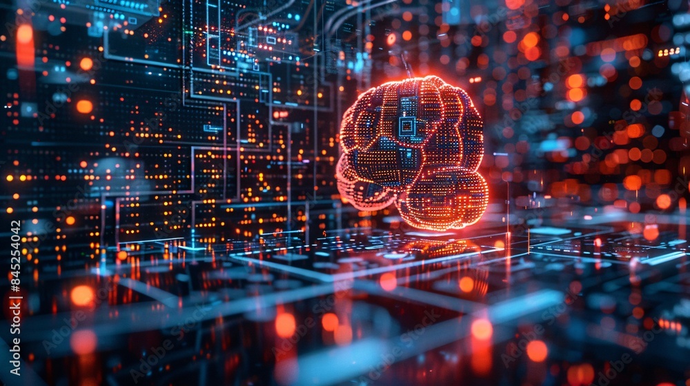 Poster magazine style illustration of a machine learning process featuring artificial intelligence, deep da