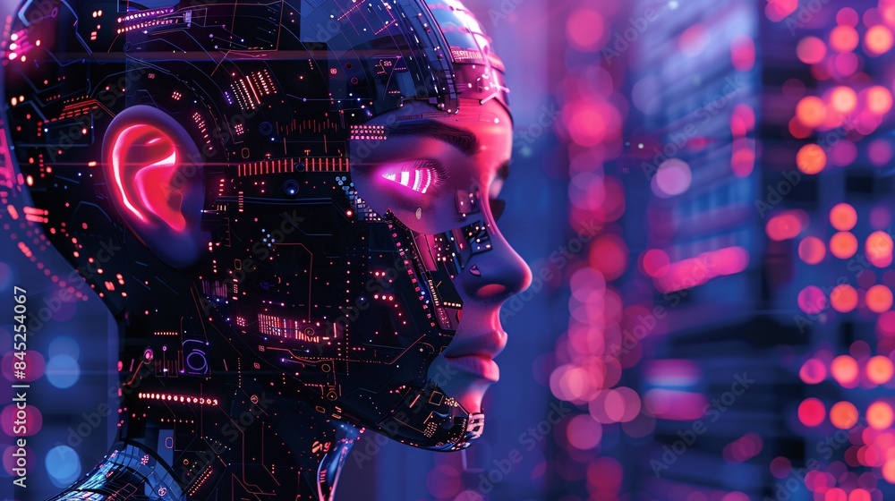 Poster magazine style illustration of a machine learning process featuring artificial intelligence, deep da