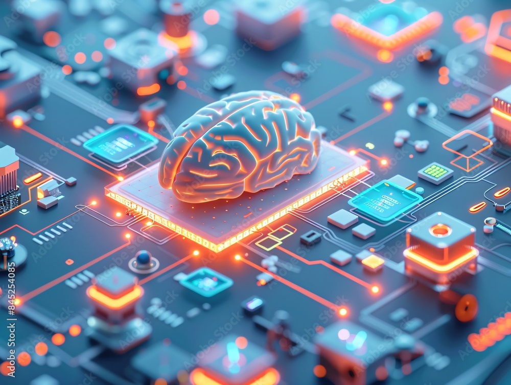 Poster documentary style illustration of a machine learning process featuring artificial intelligence, deep