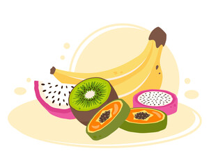 Composition of fresh juicy fruits. Banana bunch, fruits slices on white background. Sweet tropical exotic fruit. Fruit clipart. Healthy vegetarian organic food. Vector illustration