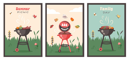 Summer picnic. Barbecue party. Set of BBQ card in retro style. Summer barbecue picnic. Bbq background with grill, steaks, meat food, vegetables, cutlery, text. Vector cartoon illustration