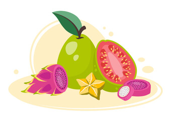 Fruits clipart. Exotic Fruit close up. Tropical organic natural healthy food. Ripe natural harvesting. Dragon fruit, guava, carambola. Vector flat hand drawn illustration
