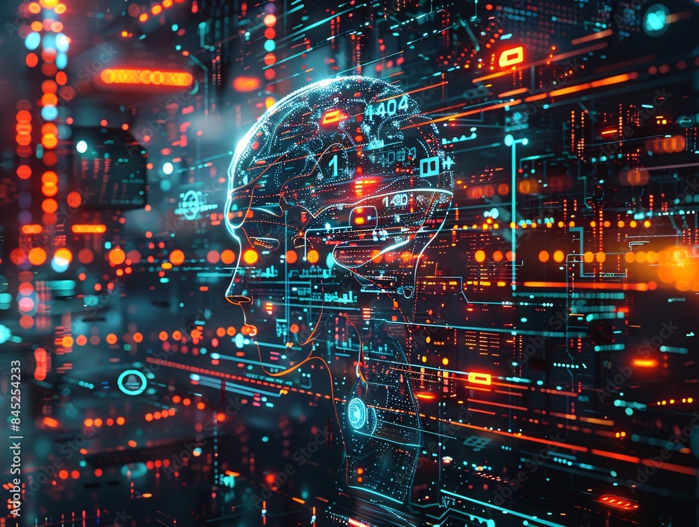 Poster magazine style illustration of a machine learning process featuring artificial intelligence, deep da