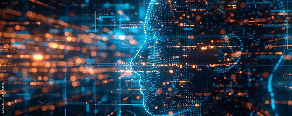 Poster editorial style illustration of a machine learning process featuring artificial intelligence, deep d