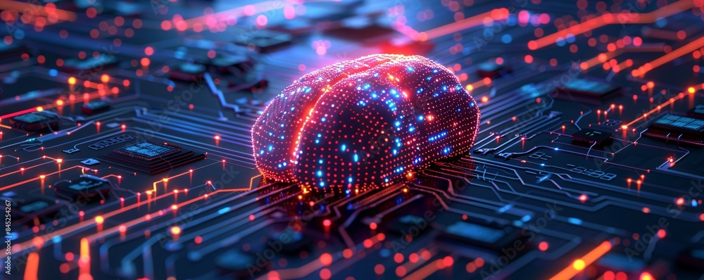 Poster editorial style illustration of a machine learning process featuring artificial intelligence, deep d