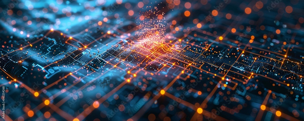 Poster editorial style illustration of a machine learning process featuring artificial intelligence, deep d