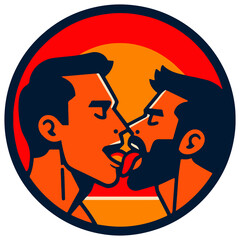 Two gay guys in love french kiss, licking their tongues out. Bright round graphic male LGBTQ symbol for printing (transparent png)