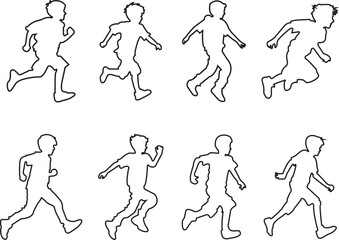 Set of black Running kid child silhouettes icons in trendy line styles editable stock. jogging signs large pack of vectors silhouette design collection illustration isolated on transparent background.