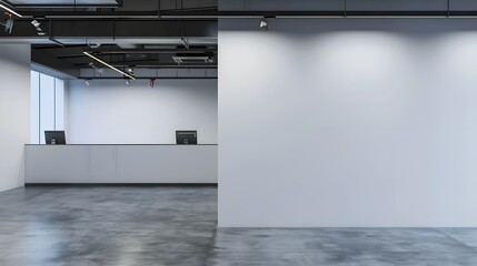 Modern urban company office indoor building interior with workstation and empty white wall