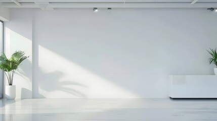 Modern urban company office indoor building interior with workstation and empty white wall