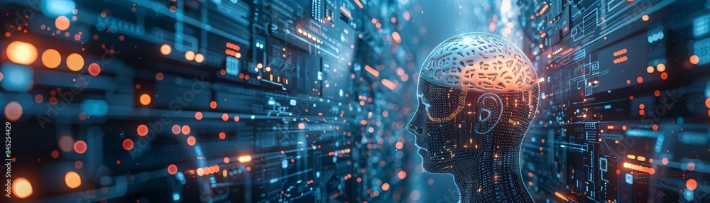 Poster magazine style illustration of a machine learning process featuring artificial intelligence, deep da