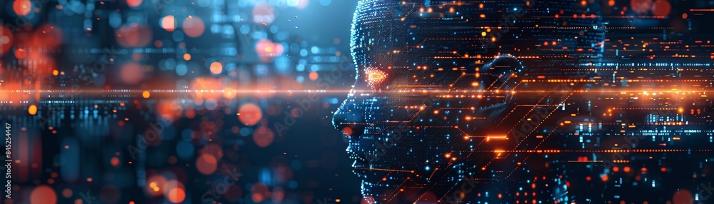Poster magazine style illustration of a machine learning process featuring artificial intelligence, deep da