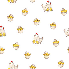 Fototapeta premium Hen rooster and chick. Seamless pattern. Cute chicken farm characters. Vector drawing. Design ornaments.