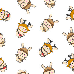 Cute kawaii rabbit with bag. Seamless pattern. Cartoon animals character. Funny bunny. Hand drawn style. Vector drawing. Design ornaments.
