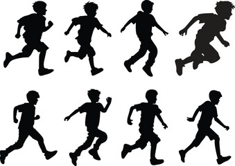 Set of black Running kid child silhouettes icons in trendy fill styles. jogging signs large pack of vectors silhouette designs collection illustration isolated on transparent background.