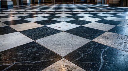 Crafted from stone a timeless black and white checkered floor resembling a classic chessboard...