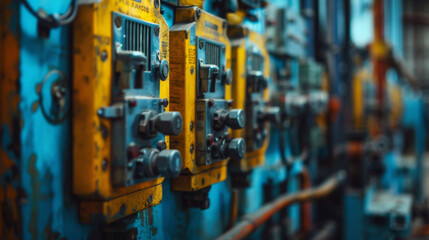 Close-up of vintage industrial control devices with worn-out yellow dials and blue background, depicting an aged machinery setup.