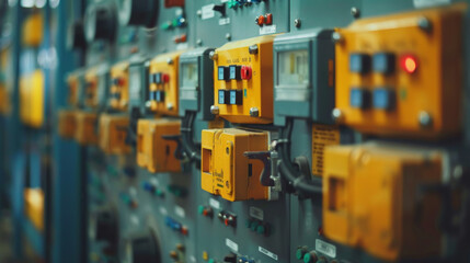 Close-up of an industrial control panel with numerous yellow switches and buttons, showcasing a detailed view of machinery controls.