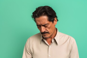 Fototapeta premium A sad man, 55, Hispanic, facing health challenges, on a pastel light green background 