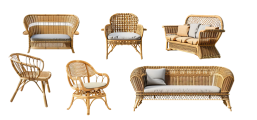 Collection of Outdoor Garden Rattan Straw Couches Isolated on Transparent Background