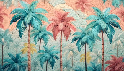 palmen, beach, hintergrund, aus, bestehend, aus, wellen, und, formen, pink, türkis, design, 3d, gewellt, wellig, tropisch, Karibik, Kunst, abstrakt, schön, pastell, retro, kreativ, gestalten, mustern