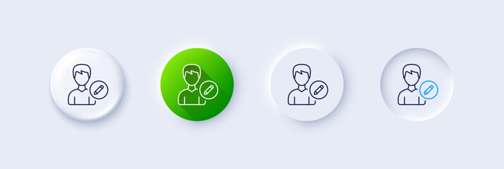 Edit User line icon. Neumorphic, Green gradient, 3d pin buttons. Profile Avatar with pencil sign. Male Person silhouette symbol. Line icons. Neumorphic buttons with outline signs. Vector