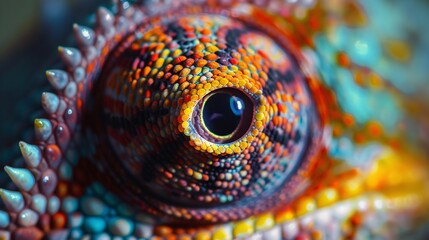 Detailed macro image of a chameleon's eye, showcasing the vivid colors and textures with exceptional clarity, as seen in National Geographic photography