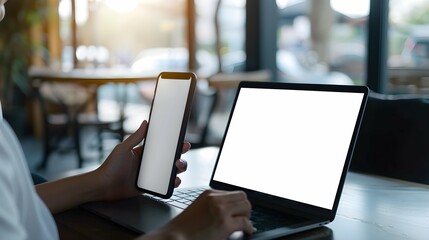 mockup image blank screen computer,cell phone with white background for advertising text,hand woman using laptop texting mobile contact business search information on desk in cafe.marketing,design