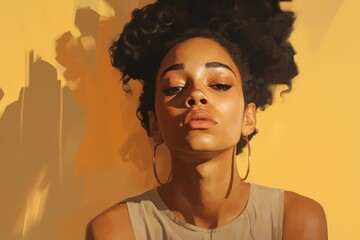 Portrait of a sad woman, 33, African American, feeling misunderstood, on a pastel soft yellow background