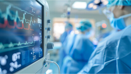 heart streamline monitor on an EKG machine in a modern hospital room, with some doctors wearing blue medical gowns and masks in a blurred background