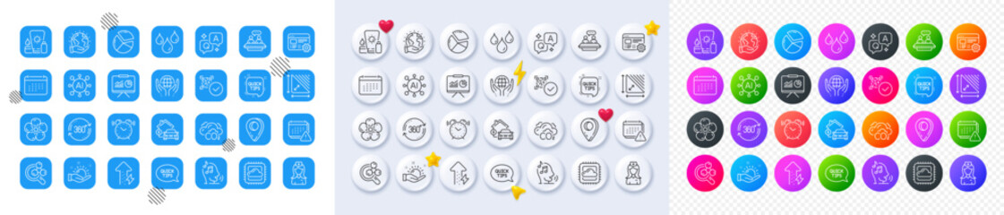 Voicemail, Co2 and Cloud computing line icons. Square, Gradient, Pin 3d buttons. AI, QA and map pin icons. Pack of Alarm clock, Triangle area, Home charging icon. Vector