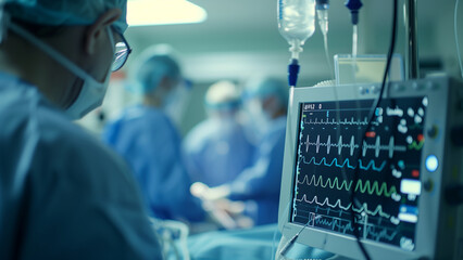 heart streamline monitor on an EKG machine in a modern hospital room, with some doctors wearing blue medical gowns and masks in a blurred background