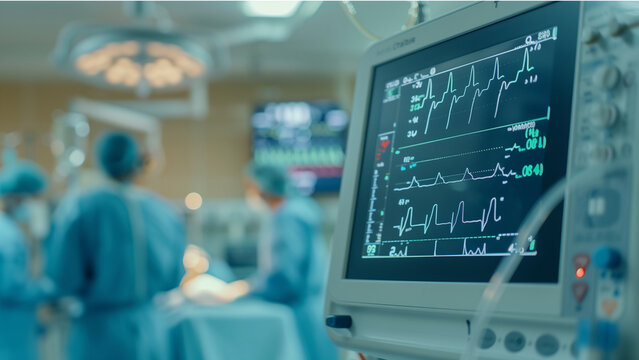 heart streamline monitor on an EKG machine in a modern hospital room, with some doctors wearing blue medical gowns and masks in a blurred background