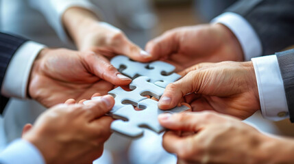 Hands of diverse business professionals connecting puzzle pieces, symbolizing teamwork, collaboration, problem-solving, and partnership in a business setting.