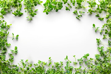 Green microgreens arranged in a border pattern on a clean white background.  Flat lay composition with copy space. Health and organic food concept