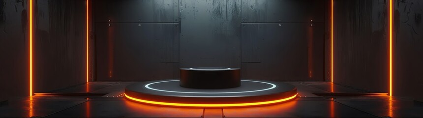 futuristic dark room with glowing orange light ring on the floor and black round podium in center, cyberpunk style, futuristic scifi interior design