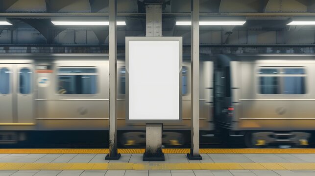 Mock up Poster media template Ads display in NYC Train Subway Station between two Moving Train on background. Realistic 3d render illustration