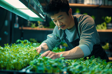 Asian man tending to microgreens in a hydroponic farm under LED lights. Sustainable agriculture and organic food concept