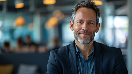 Obraz premium Portrait of a smiling businessman standing in the lobby of an office building