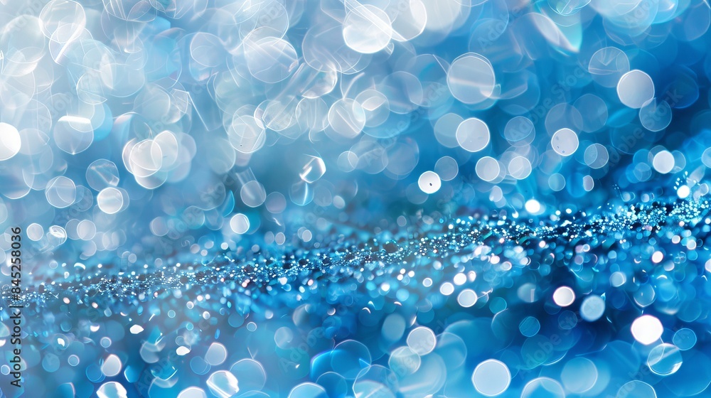 Poster beautiful blue background with abstract bokeh light effects and sun flare, featuring festive sparkli